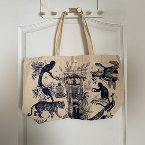 Brand New Sézane Beige Canvas Tote with Black Botanical & Animal Print
